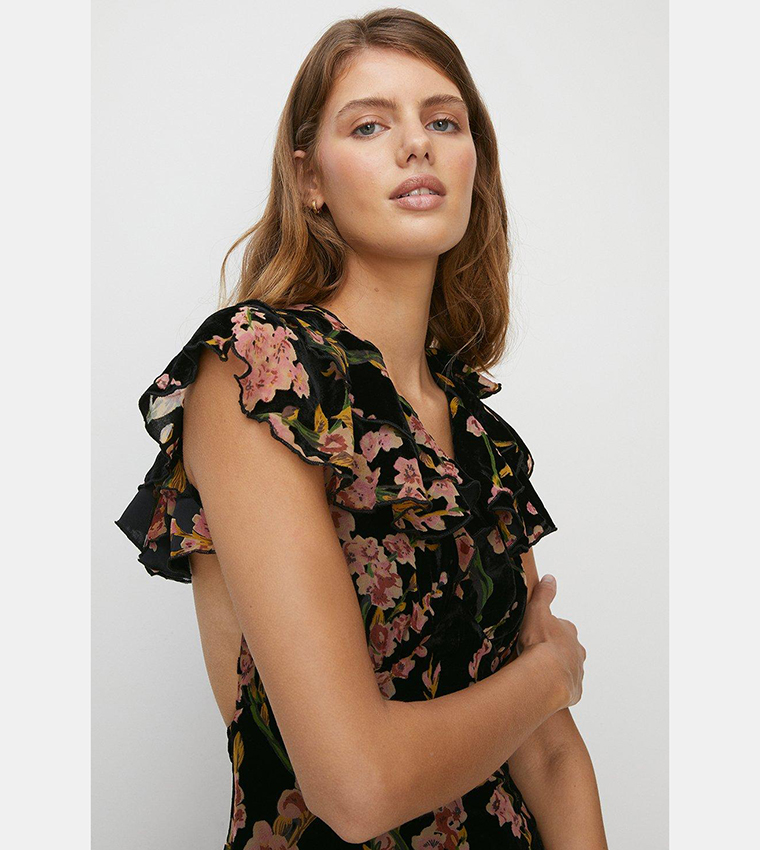 Buy Oasis Floral Devore Ruffle V Neck Midaxi Dress In Black | 6thStreet ...