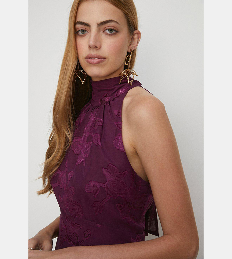 Buy Oasis Floral Satin Burnout Halterneck Midi Dress In Purple ...