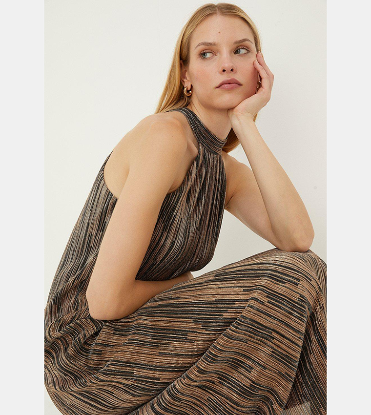 Buy Oasis Shimmer Plisse Halter Tie Neck Midi Dress In Brown 6thStreet Kuwait