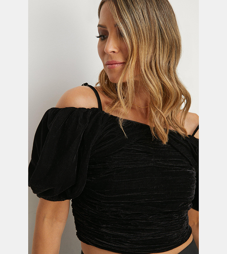 Buy Oasis Rachel Stevens Velvet Ruched Bardot Top In Black