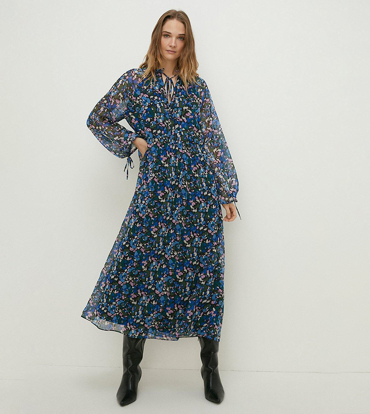 Buy Oasis Ditsy Chiffon Pleated Long Sleeves Midi Dress In Blue