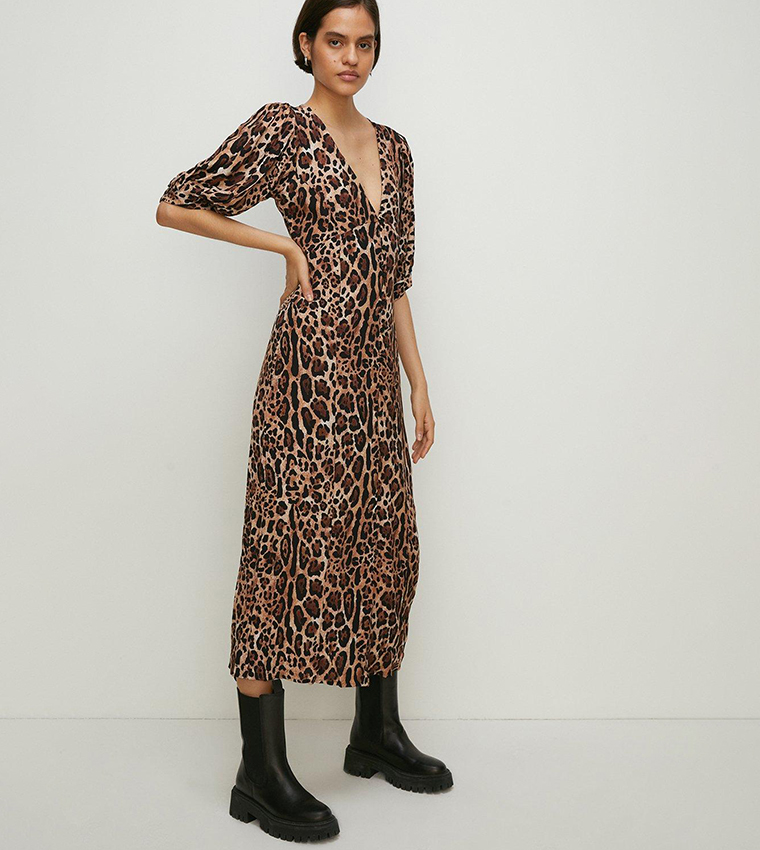 Buy Oasis Animal Print Puff Sleeves Button Midi Dress In Multiple Colors 6thStreet Qatar