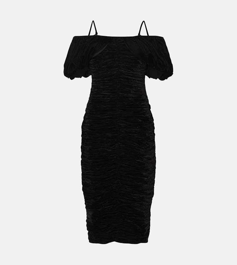 Buy Oasis Rachel Stevens Velvet Ruched Bardot Midi Dress In Black buy-oasis-rachel-stevens-velvet-ruched-bardot-midi-dress-in-black