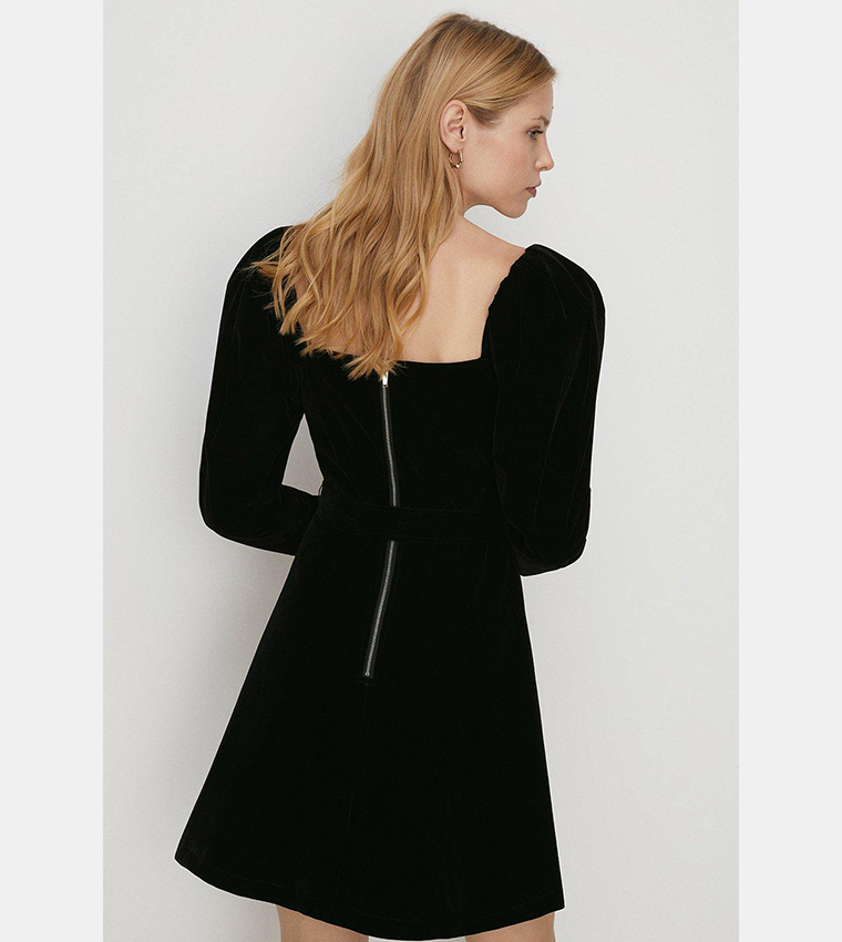 Buy Oasis Puff Sleeves Velvet Belted Skater Dress In Black