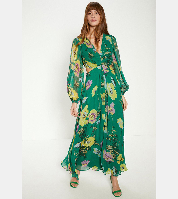 Buy Oasis Floral Button Detail Cut Out Maxi Dress In Green | 6thstreet Qatar