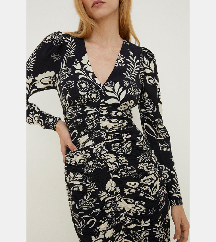 Buy Oasis Rachel Stevens Mono Print Ruched Midi Dress In Black