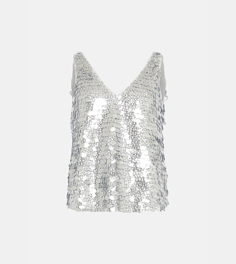 Buy Oasis Sequin V Neck Top In Silver 6thStreet UAE