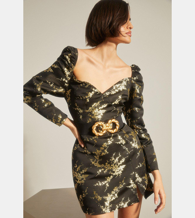 Buy Oasis Black And Gold Floral Jacquard A Line Dress In Black