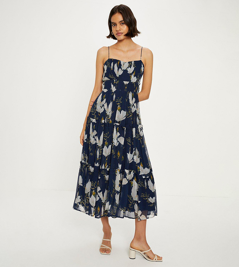 Buy Oasis Floral Gathered Tiered Strappy Midi Dress In Navy 6thStreet Kuwait