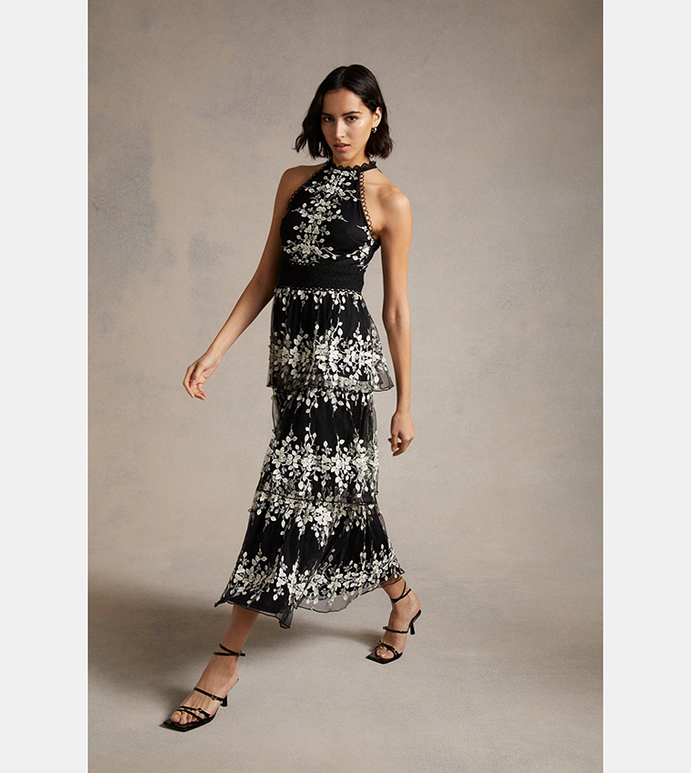 Buy Oasis Floral Embroidered Tulle Tiered Halter Midi Dress In Black 6thStreet Oman