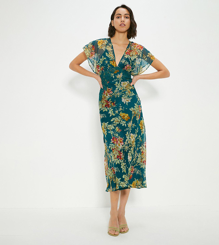 Buy Oasis Delicate Lace V Neck Floral Chiffon Midi Dress In Green 6thStreet Qatar