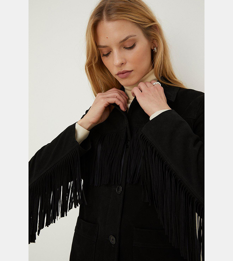 Buy Oasis Rachel Stevens Real Leather Fringe Jacket In Black