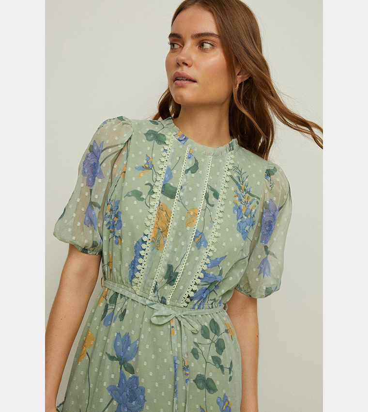 Buy Oasis Lace Trim Dobby Floral Chiffon Skater Dress In Green 6thStreet Bahrain