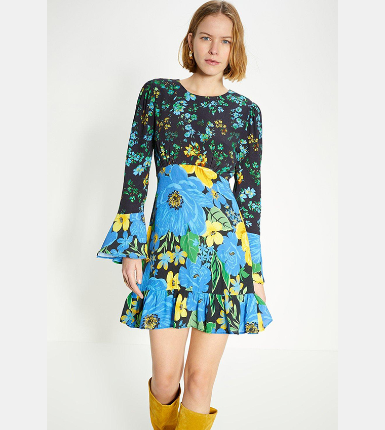 Oasis patched print ruffle dress sale