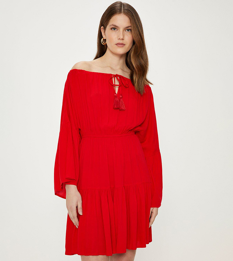 Buy Oasis Crinkle Bardot Dress In Red 6thStreet Bahrain