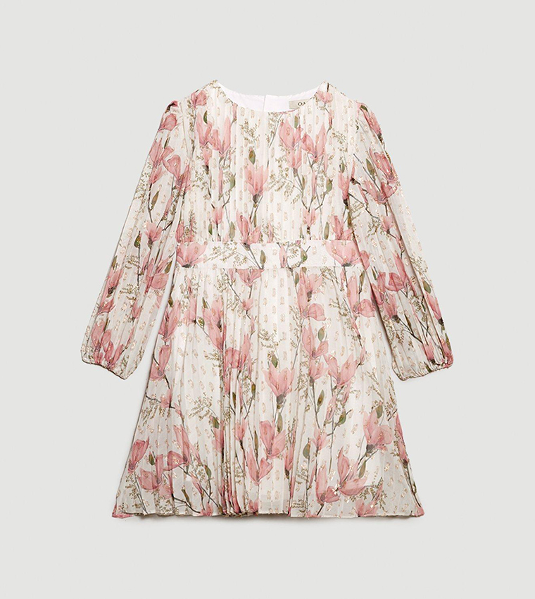 Buy Oasis Floral Pleated Balloon Sleeves Dress In White - Main Image