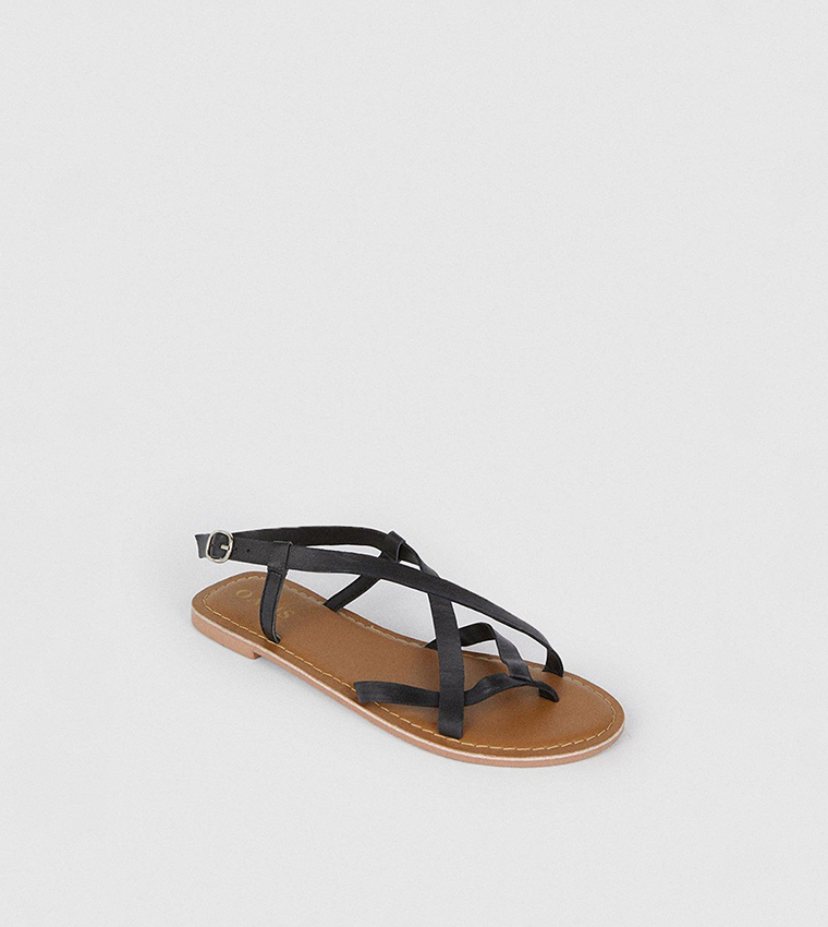 Multi Strap Flat Sandals - Black Leather