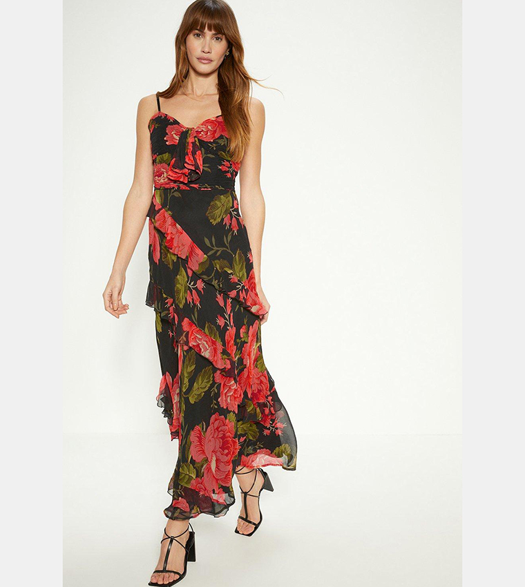 Buy Oasis Floral Asymmetric Ruffle Tiered Strappy Midi Dress In