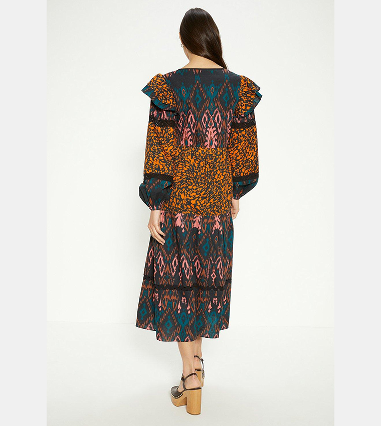 Oasis patched print ruffle dress hotsell