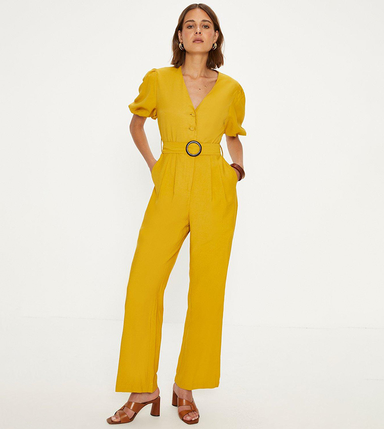 Buy Oasis Linen Look Puff Sleeves Belted Jumpsuit In Yellow