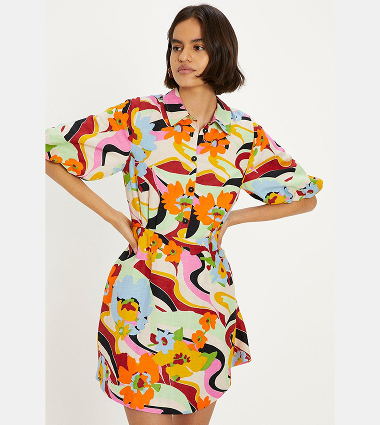 Buy Oasis Linen Mix Floral Puff Sleeves Mini Shirt Dress In Multiple Colors 6thStreet Kuwait