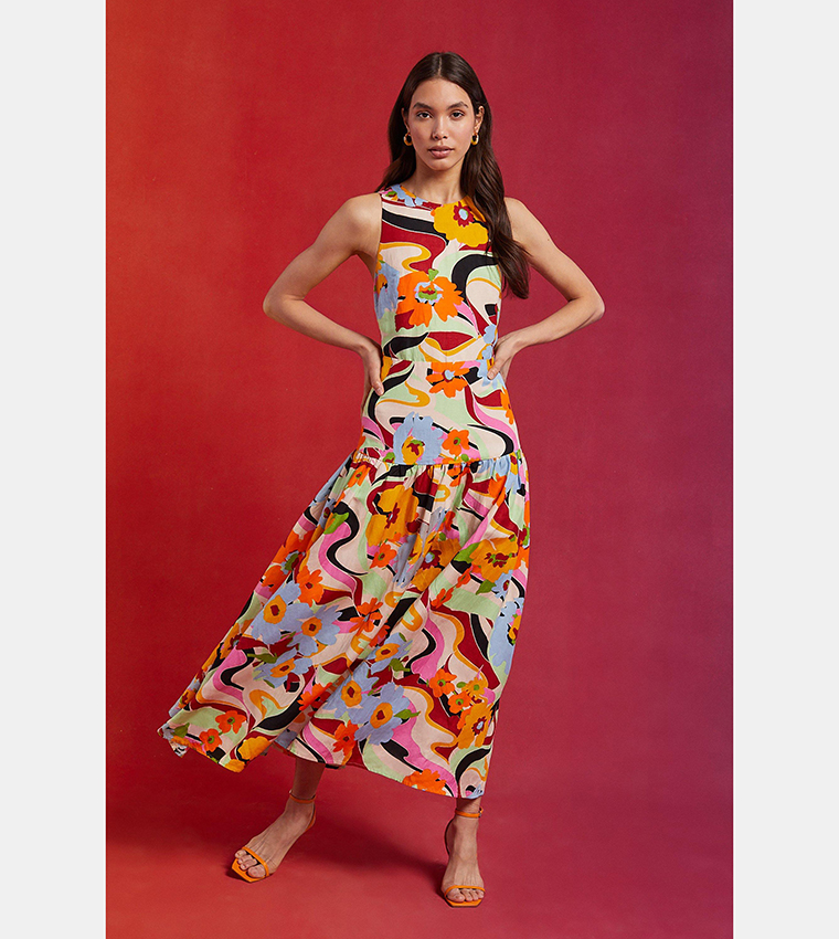 Buy Oasis Linen Mix Floral Bow Back Halter Midi Dress In Multiple Colors 6thStreet Qatar