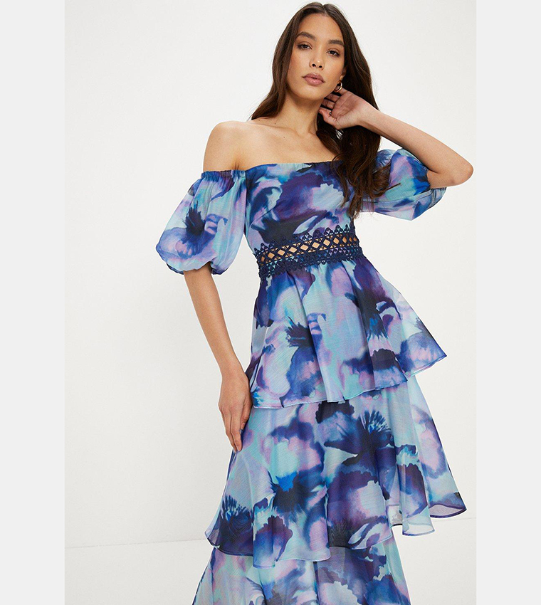 Oasis high neck midi dress in blue on sale floral