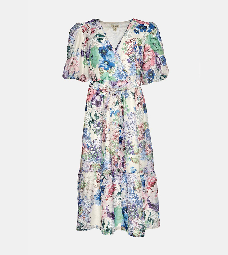 Buy Oasis Ditsy Floral Wrap Puff Sleeves Organza Midi Dress In White ...