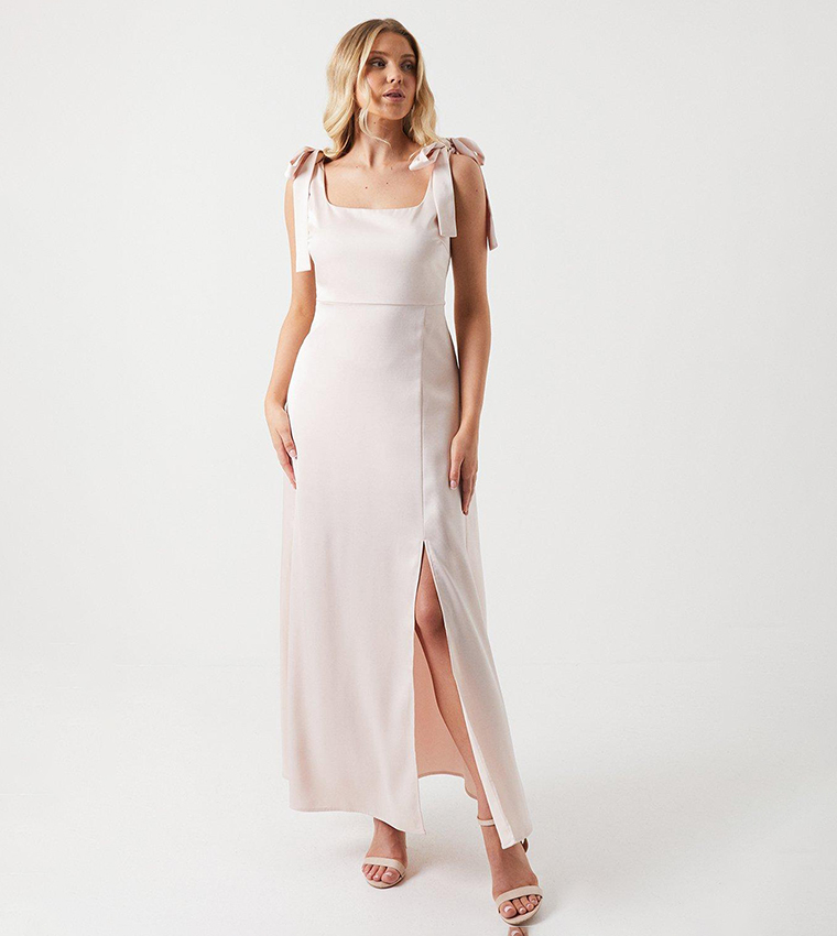 Satin Tie Shoulder Midi Bridesmaids Dress