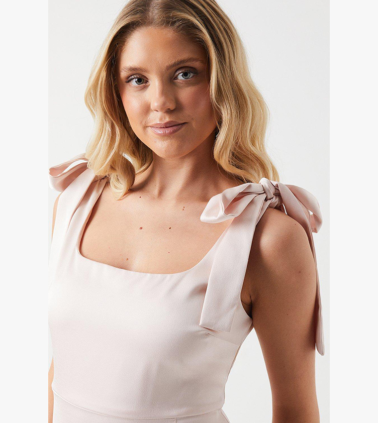 Satin Tie Shoulder Midi Bridesmaids Dress