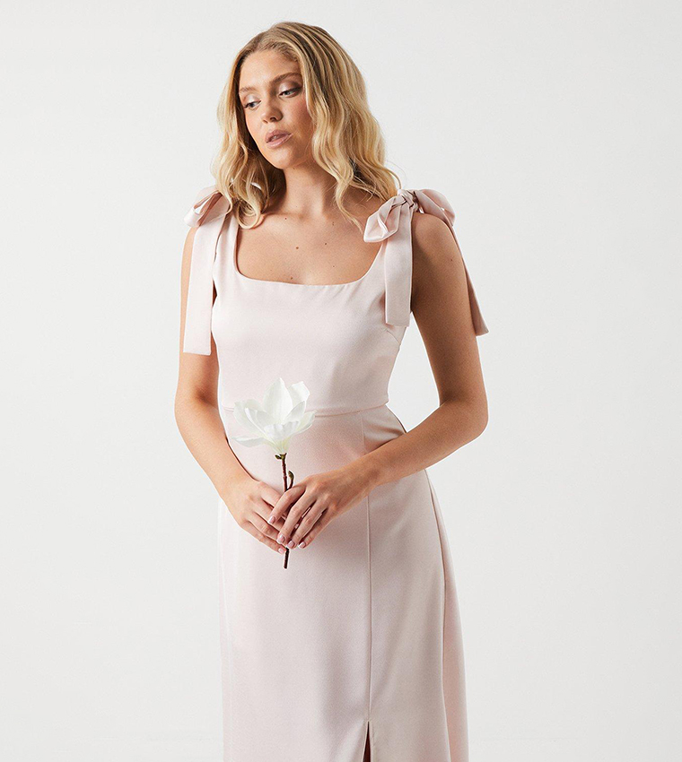 Satin Tie Shoulder Midi Bridesmaids Dress
