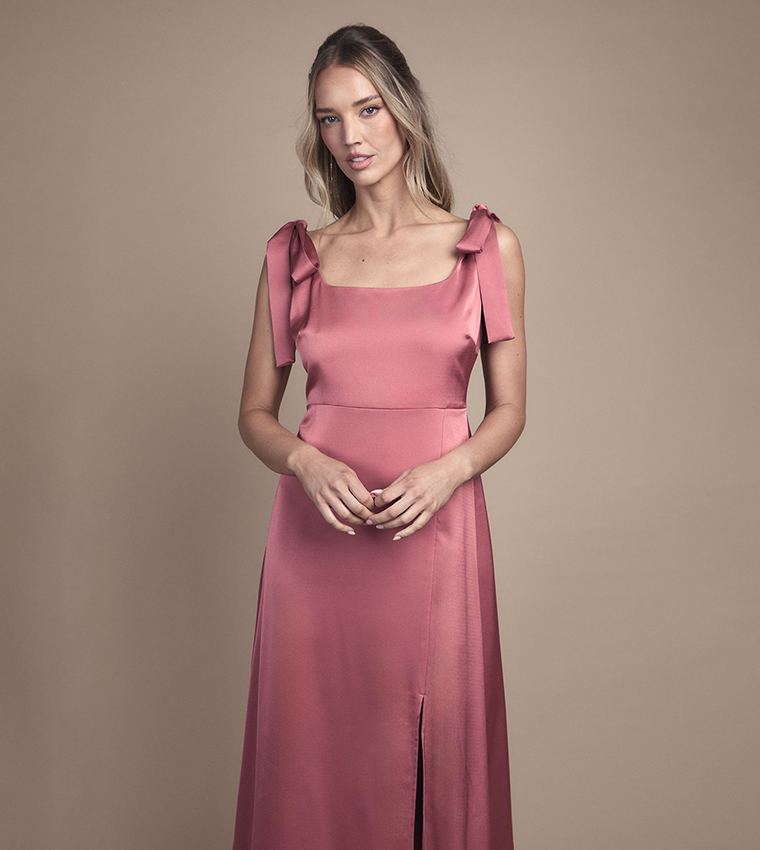 Satin Tie Shoulder Maxi Bridesmaid Dress