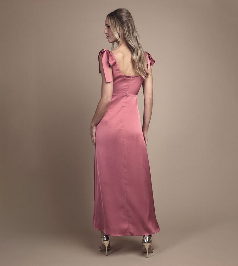 Satin Tie Shoulder Maxi Bridesmaid Dress