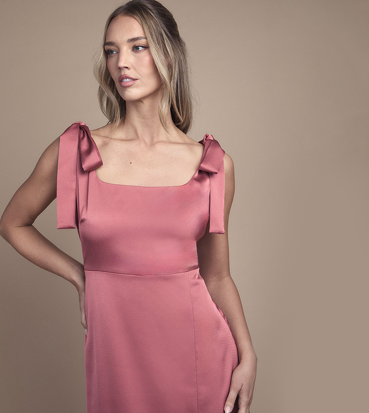 Satin Tie Shoulder Maxi Bridesmaid Dress