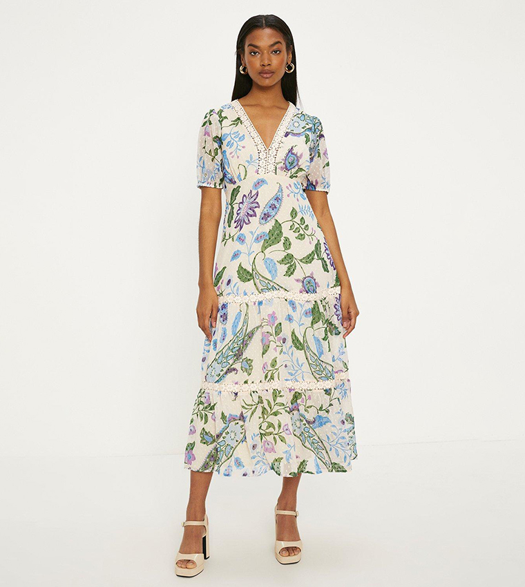 Buy Oasis Lace Trim Dobby Chiffon Floral Print Midi Dress In White 6thStreet UAE