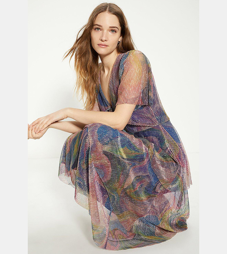 Buy Oasis Glitter Plisse Abstract Angel Sleeves Midi Dress In Multiple Colors 6thStreet Saudi Arabia