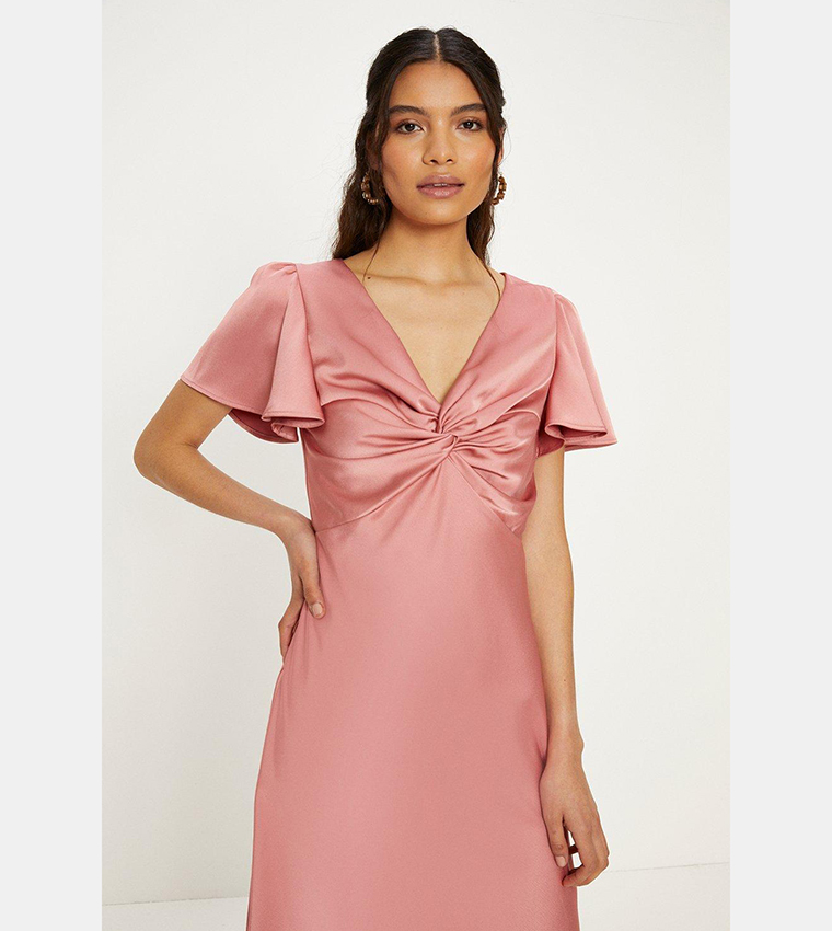 Satin Twist Front Angel Sleeves Midi Dress