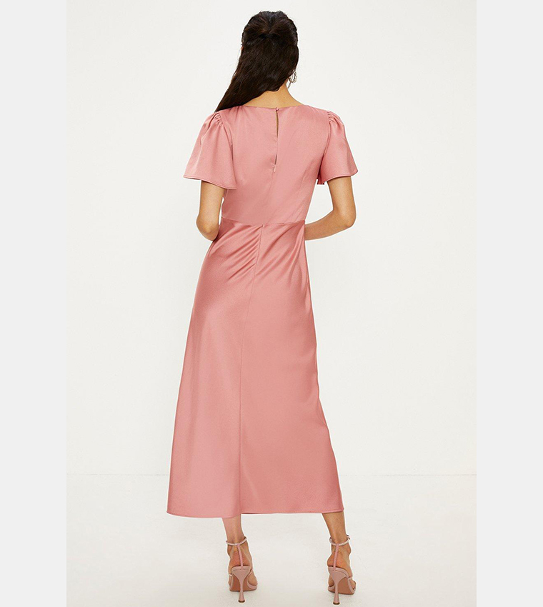 Satin Twist Front Angel Sleeves Midi Dress