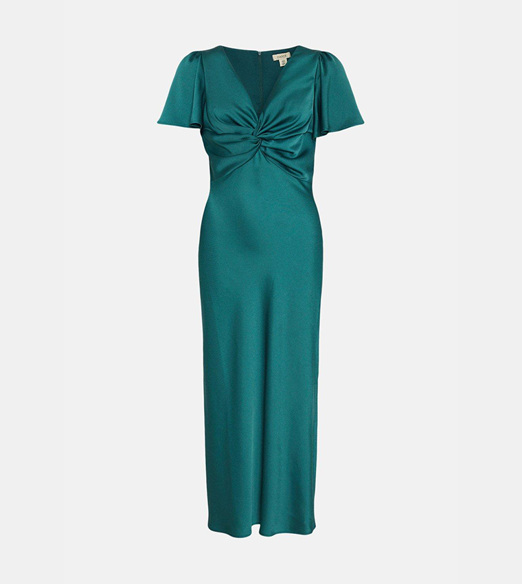 Satin Twist Front Angel Sleeves Midi Dress