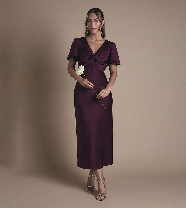 Satin Twist Front Angel Sleeves Midi Bridesmaid Dress