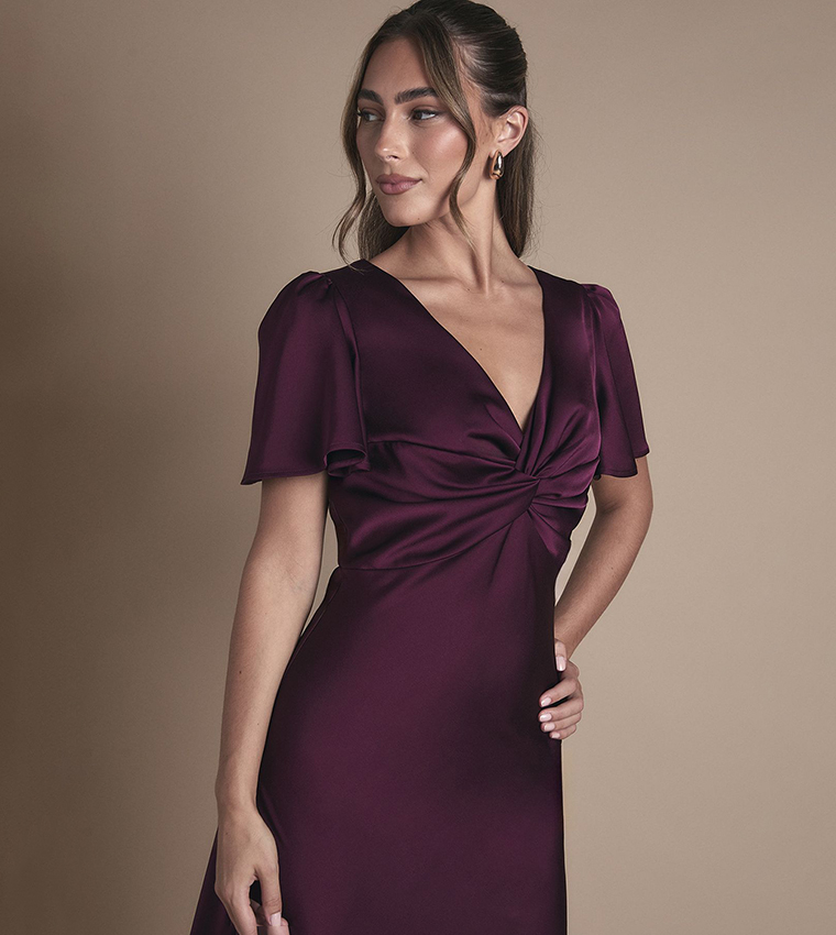 Satin Twist Front Angel Sleeves Midi Bridesmaid Dress