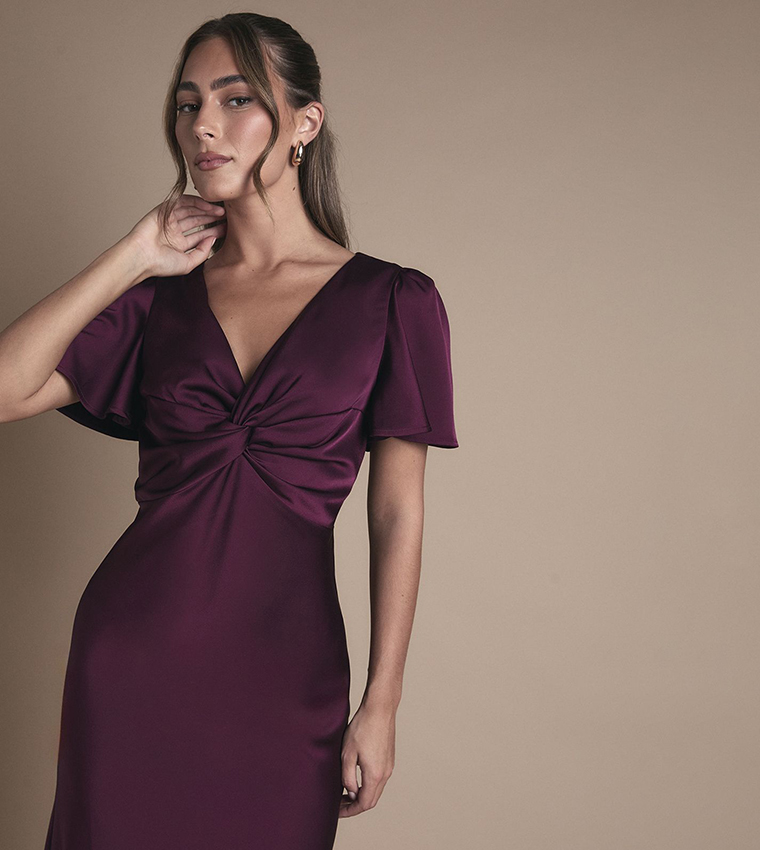 Satin Twist Front Angel Sleeves Midi Bridesmaid Dress
