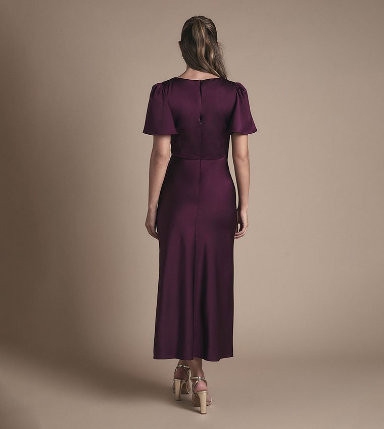 Satin Twist Front Angel Sleeves Midi Bridesmaid Dress