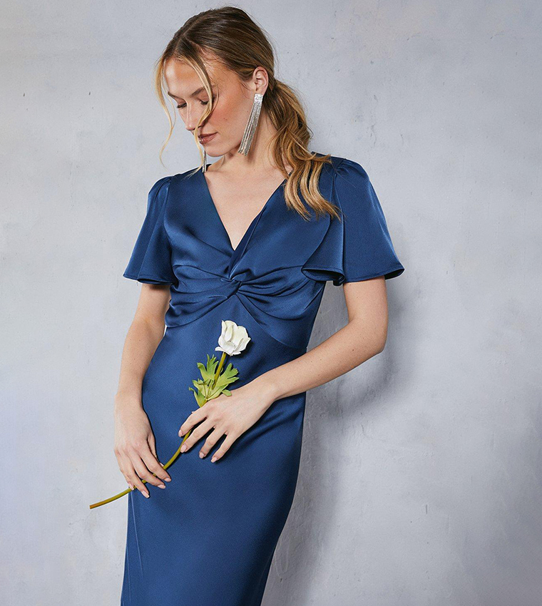 Satin Twist Front Angel Sleeves Midi Dress