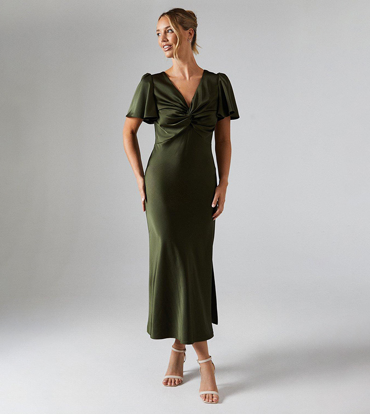 Satin Twist Front Short Sleeves Midi Dress