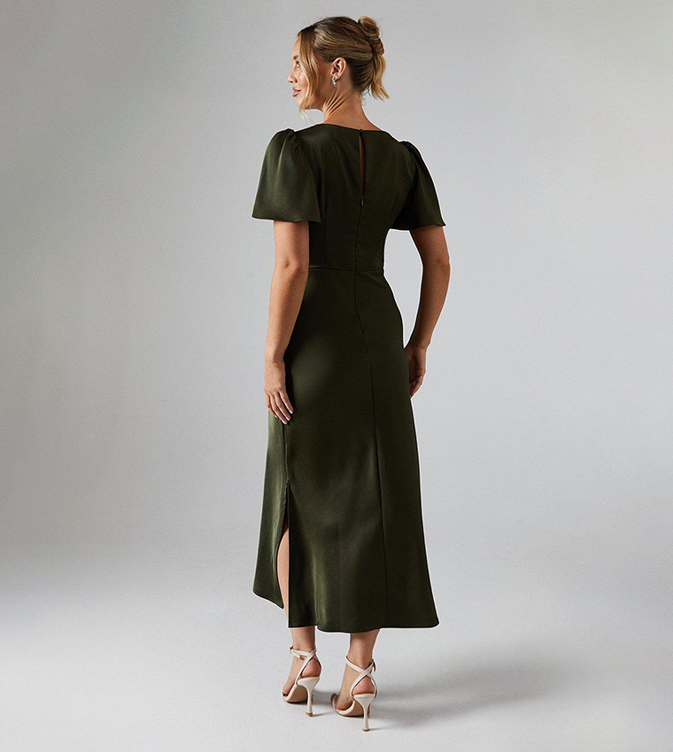 Satin Twist Front Short Sleeves Midi Dress