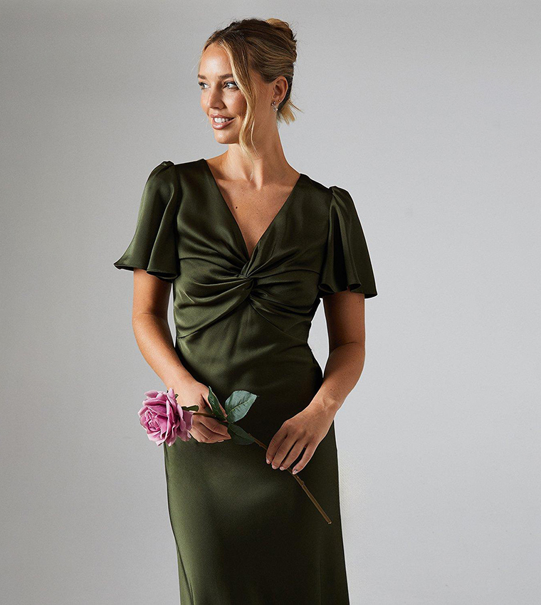 Satin Twist Front Short Sleeves Midi Dress