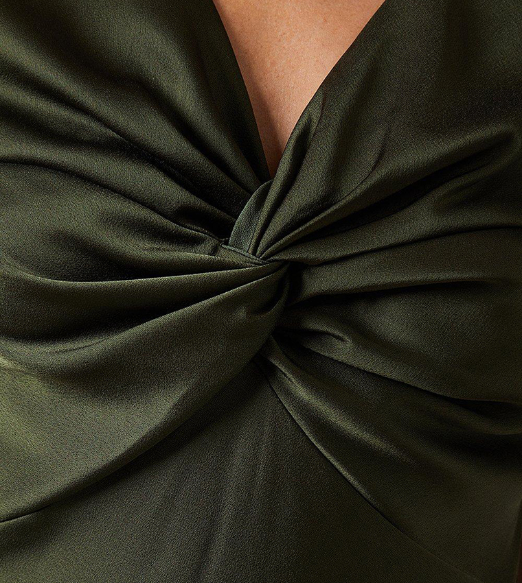Satin Twist Front Short Sleeves Midi Dress