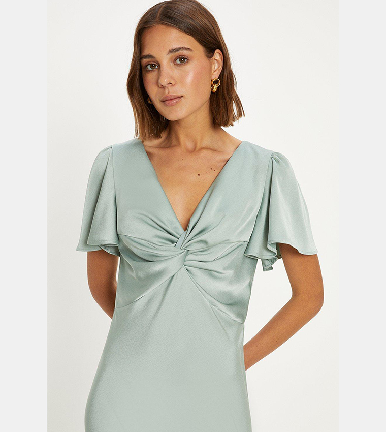 Satin Twist Front Angel Sleeves Midi Dress