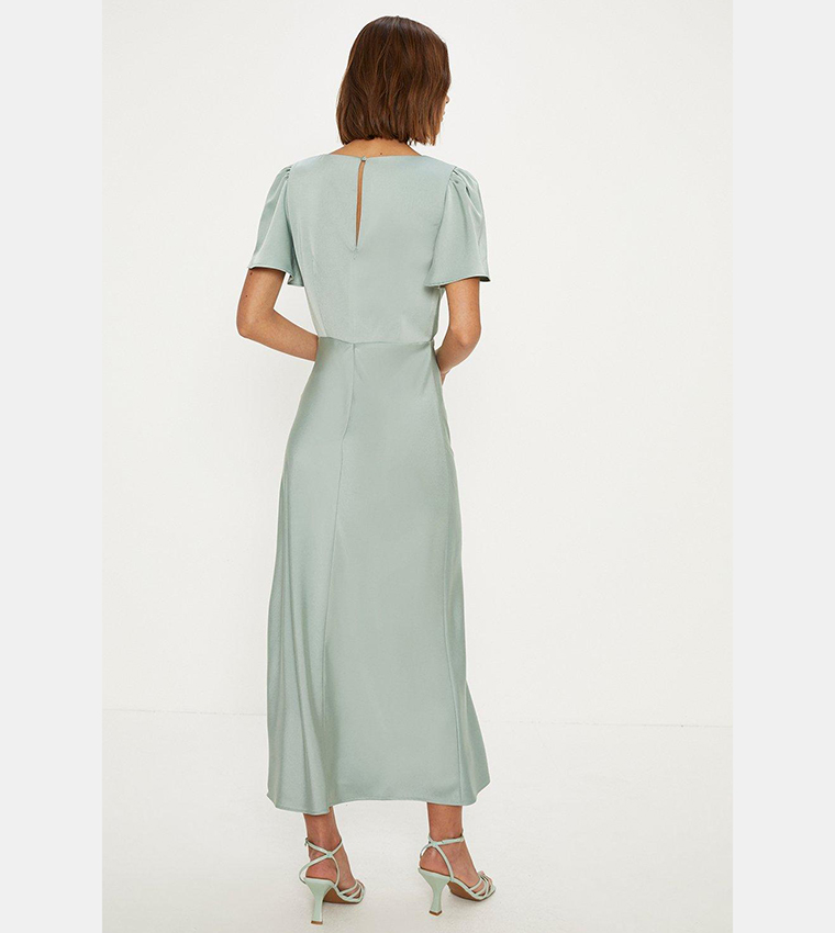 Satin Twist Front Angel Sleeves Midi Dress